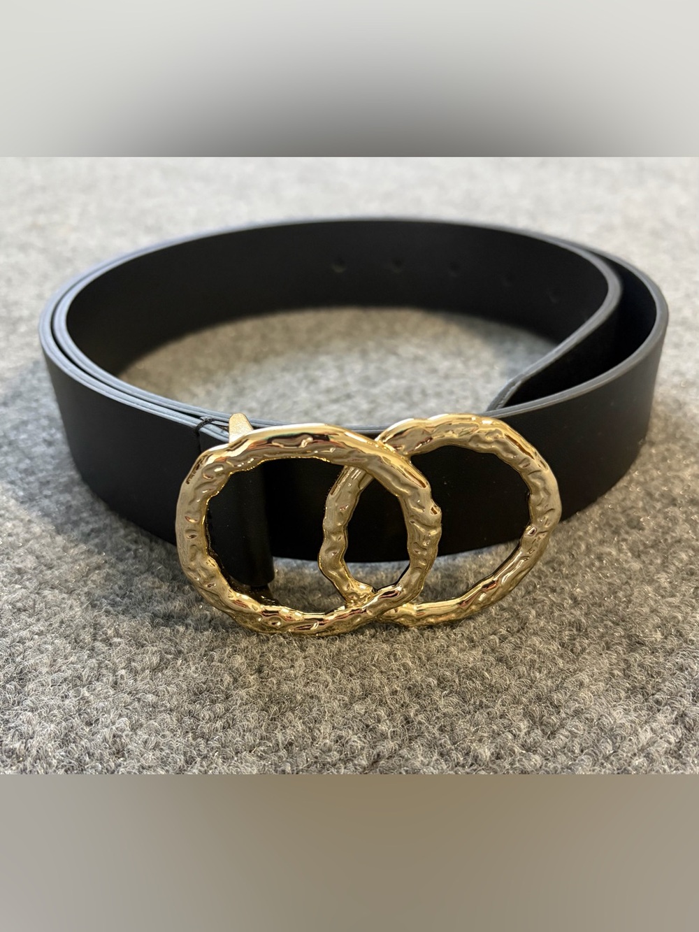 Express Womens Belt Size L Black Faux Leather Gold Double Ring Buckle NWT
